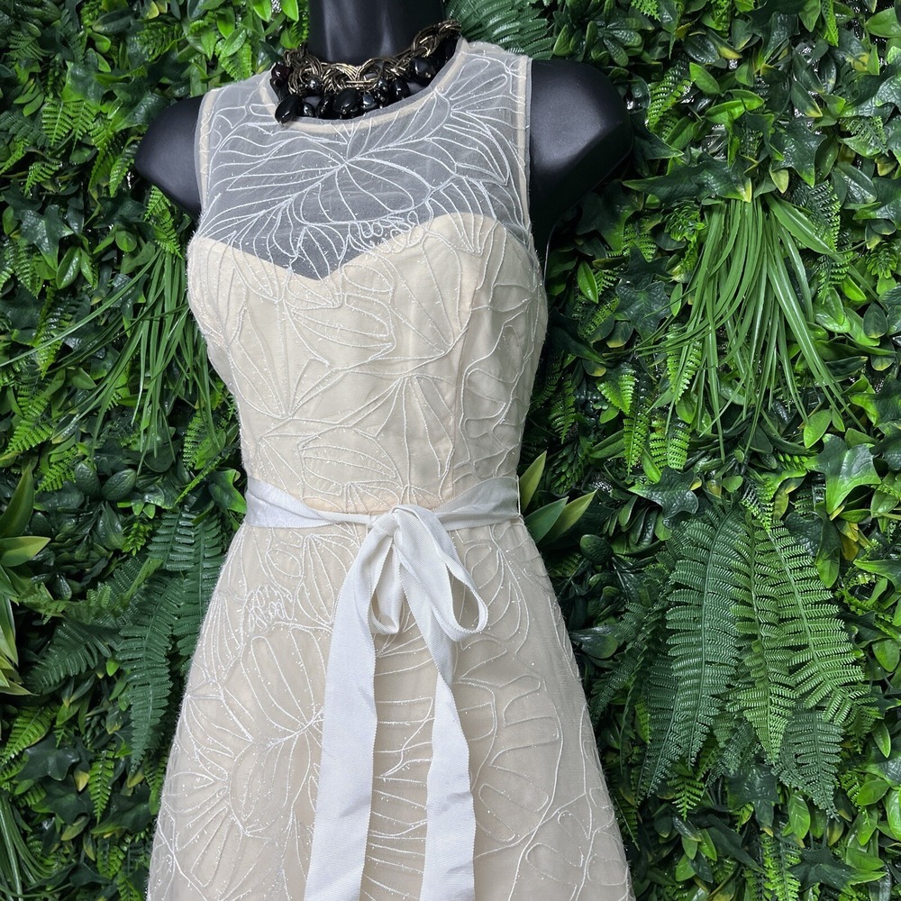BCBGMAXAZRIA Dress Embroidered 6 Beige Organza Women Midi Gown $428 NWT 1894 - Picture 11 of 14
